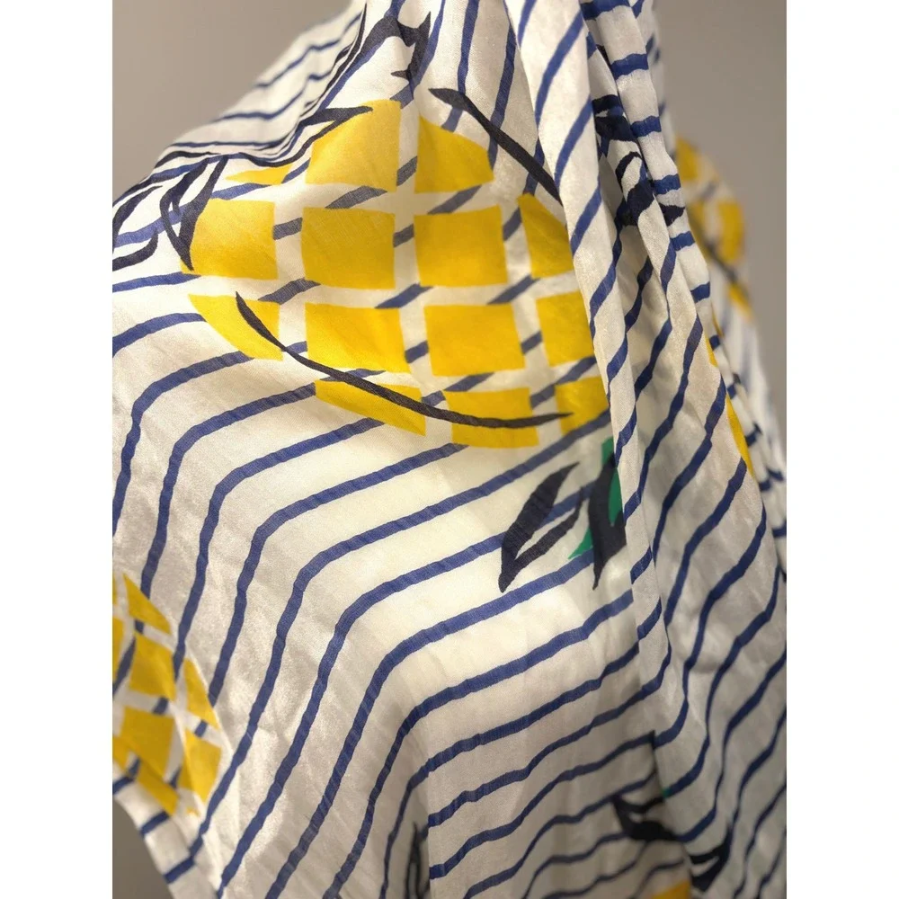 Silk Cotton‎ Pineapple Scarf Blue White Striped Tropical Coastal Grandma